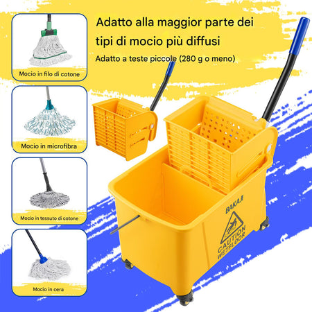 Carrello Pulizie Professionale Secchio Lavapavimenti 20 Lt per Mocio con Ruote