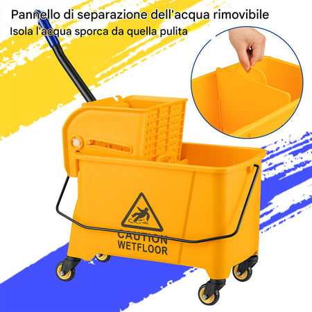 Carrello Pulizie Professionale Secchio Lavapavimenti 20 Lt per Mocio con Ruote