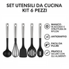Utensili da Cucina 6pz in Acciaio e Nylon Non Graffiano Antiaderenti Nero Cromo
