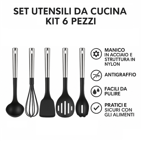 Utensili da Cucina 6pz in Acciaio e Nylon Non Graffiano Antiaderenti Nero Cromo