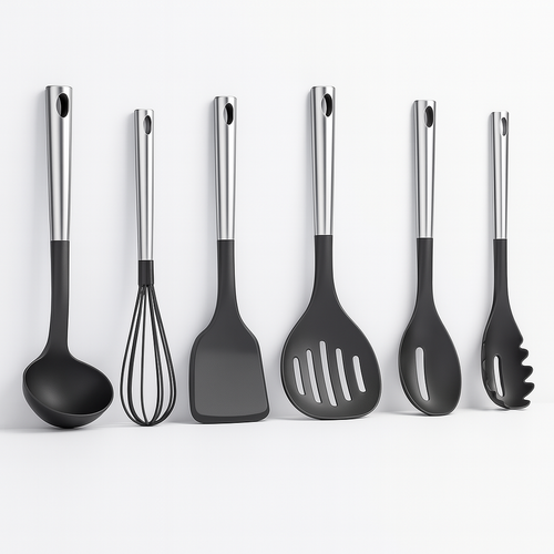 Utensili da Cucina 6pz in Acciaio e Nylon Non Graffiano Antiaderenti Nero Cromo