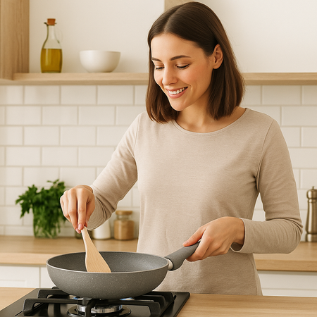 Set 3 Padelle Antiaderenti Effetto Pietra Gas Manici Soft Touch Made in Italy