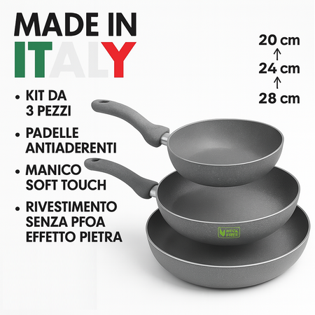 Set 3 Padelle Antiaderenti Effetto Pietra Gas Manici Soft Touch Made in Italy
