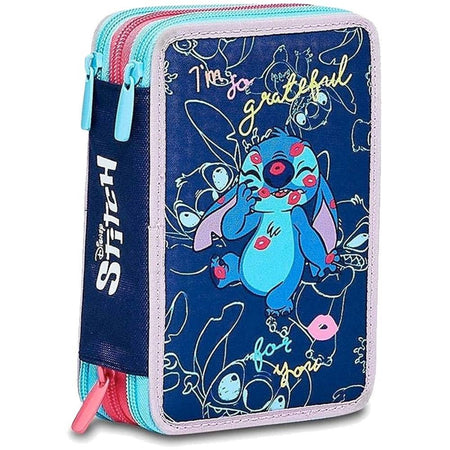 Astuccio Stitch E Lilo 3 Zip Per Scuola Elementare Completo Di Accessori Seven