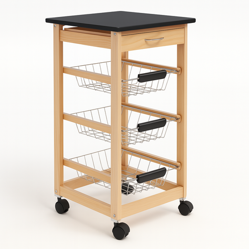 Carrello Cucina Legno 3 Cestelli Acciaio Top Nero 1 Cassetto Salvaspazio Noce Naturale