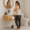 Piantana da Bagno Porta Rotolo Porta Scopino Metallo Blu con bambù Salvaspazio