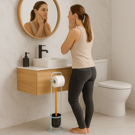 Piantana da Bagno Porta Rotolo Porta Scopino Metallo Blu con bambù Salvaspazio