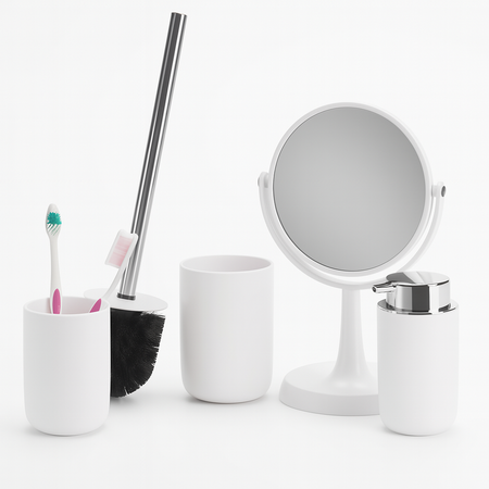 Accessori da Bagno 4pz Acciaio e Polipropilene Specchio PortaScopino Dosatore Bicchiere