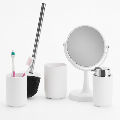 Accessori da Bagno 4pz Acciaio e Polipropilene Specchio PortaScopino Dosatore Bicchiere