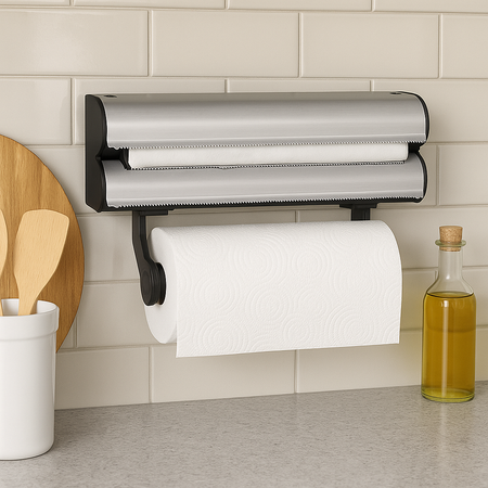 Porta Rotoli da Cucina 3in1 con Taglierino Acciaio da Parete Carta Pellicola Alluminio