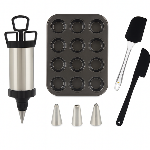 Set Decorazione Dolci con Siringa, Bocchette, Spatole e Teglia Muffin 12 pz