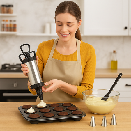 Set Decorazione Dolci con Siringa, Bocchette, Spatole e Teglia Muffin 12 pz