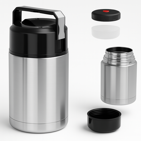 Thermos Porta Pranzo Acciaio Inox 1 Litro con Maniglia Tappo a Vite e Valvola