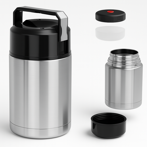 Thermos Porta Pranzo Acciaio Inox 1 Litro con Maniglia Tappo a Vite e Valvola