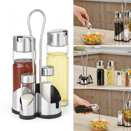 Oliera Acciaio e Vetro 4 pezzi Cucina Porta Olio Aceto Sale Pepe con Supporto