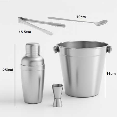 Set 5pz Preparazione Cocktail Secchiello Shaker e Accessori Acciaio Inox Kit Barman