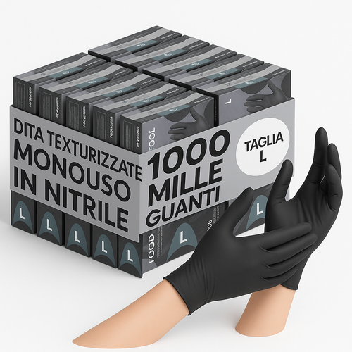 Guanti Nitrile Nero Monouso senza Lattice e Polvere Taglia L 1000pezzi