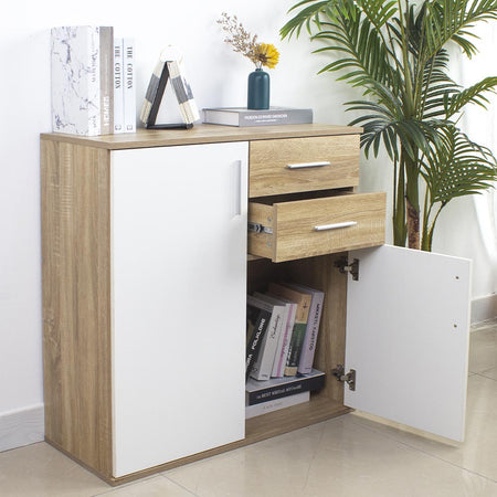 Mobile Cassettiera Moderna 2 Porte 2 Cassetti Design Minimal Bianco Quercia 80cm