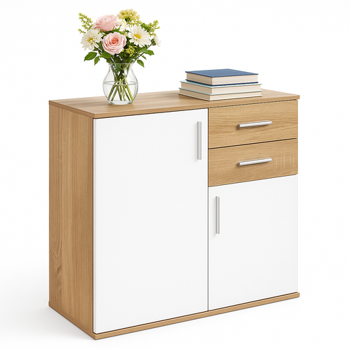 Mobile Cassettiera Moderna 2 Porte 2 Cassetti Design Minimal Bianco Quercia 80cm