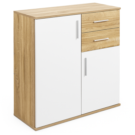 Mobile Cassettiera Moderna 2 Porte 2 Cassetti Design Minimal Bianco Quercia 80cm