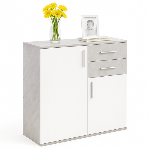 Mobile Cassettiera Moderna 2 Porte 2 Cassetti Design Minimal Bianco Cemento 80cm