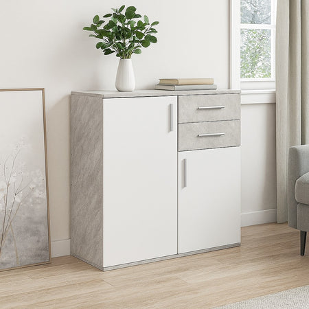 Mobile Cassettiera Moderna 2 Porte 2 Cassetti Design Minimal Bianco Cemento 80cm