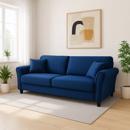 Divano 3Posti Velluto Imbottito Relax Design Moderno 212cm Struttura Legno Blu