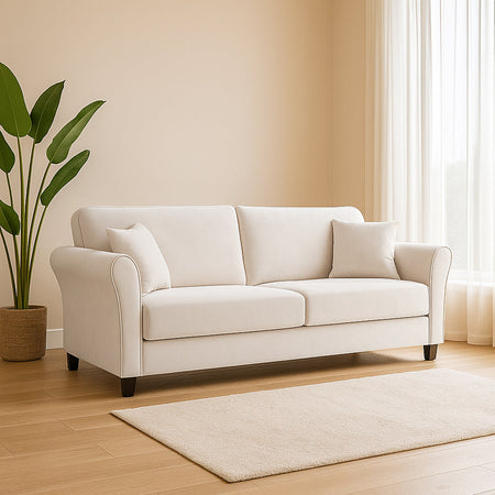 Divano 3Posti Velluto Imbottito Relax Design Moderno 212cm Struttura Legno Beige