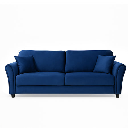 Divano 3Posti Velluto Imbottito Relax Design Moderno 212cm Struttura Legno Blu