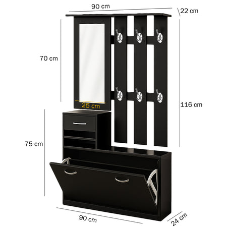 Mobile Ingresso con Specchio Appendiabiti Scarpiera Cassetto Legno Salvaspazio Nero