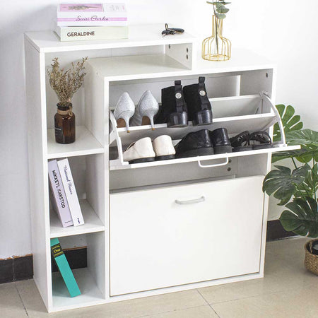 Scarpiera Doppia Profondità con Libreria 4 Ripiani Salvaspazio 80x24x90 cm Bianco