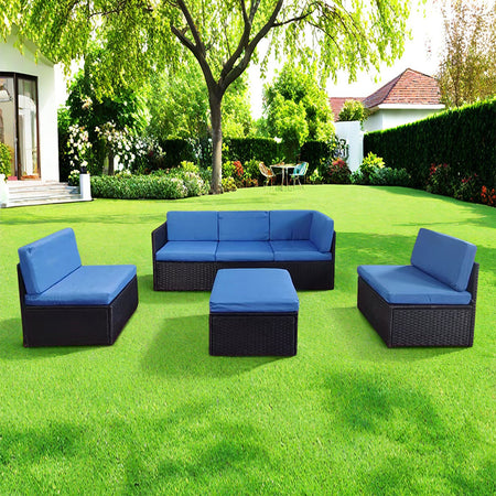 Set 4 Pezzi Salotto per Esterni Giardino in Polyrattan Anti UV con Cuscini Blu