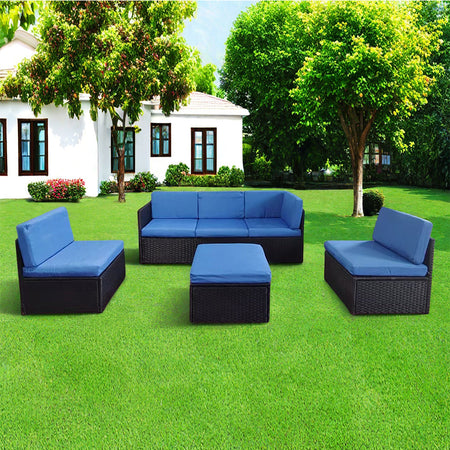 Set 4 Pezzi Salotto per Esterni Giardino in Polyrattan Anti UV con Cuscini Blu