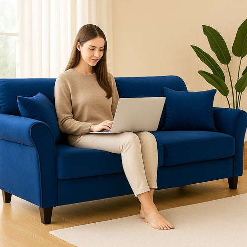 Divano 3Posti Velluto Imbottito Relax Design Moderno 212cm Struttura Legno Blu