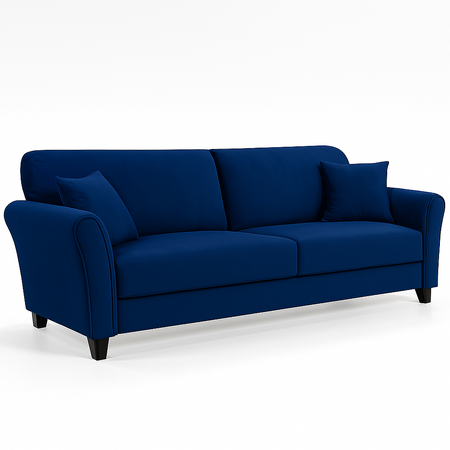 Divano 3Posti Velluto Imbottito Relax Design Moderno 212cm Struttura Legno Blu