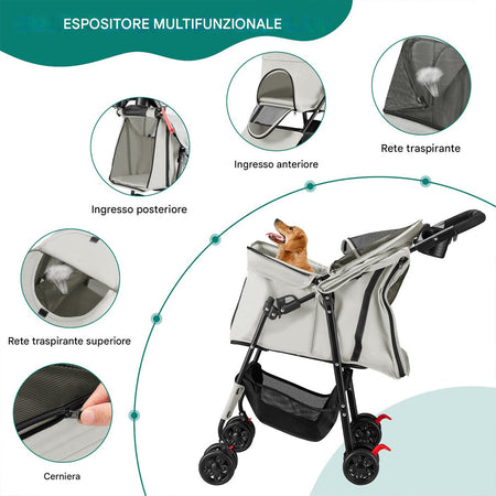 Passeggino per Cani e Gatti Carrozzina Animali Domestici Pieghevole Grigio 30Kg