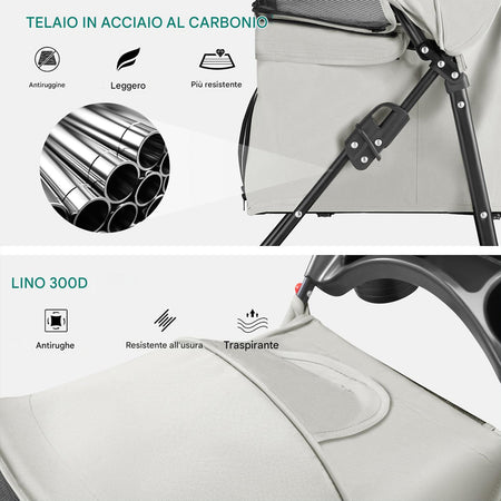 Passeggino per Cani e Gatti Carrozzina Animali Domestici Pieghevole Grigio 30Kg
