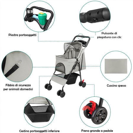 Passeggino per Cani e Gatti Carrozzina Animali Domestici Pieghevole Grigio 30Kg
