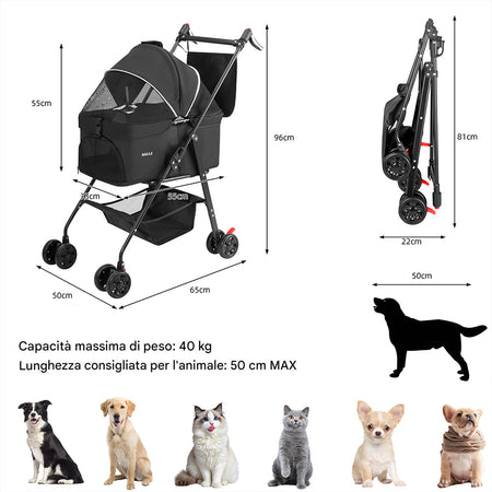 Passeggino per Animali Domestici Cestello Rimovibile Carrozzina Cani Gatti Nero