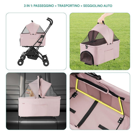 Passeggino per Cani e Gatti con Traportino Rimovibile per Animali Domestici Rosa