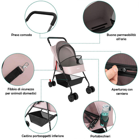 Passeggino Pieghevole per Cani e Gatti con Cappottina Max 15kg Animali Domestici Rosa