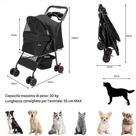 Passeggino Pieghevole per Cani e Gatti Taglia Media-Grande fino a 30kg Nero