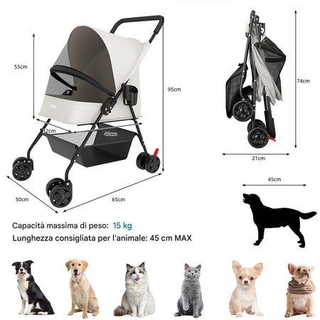 Passeggino Pieghevole per Cani e Gatti con Cappottina Max 15kg Animali Domestici Grigio