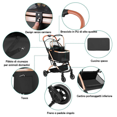 Passeggino Carrozzina 2in1 per Cani Gatti Trasportino Removibile Pieghevole 50kg