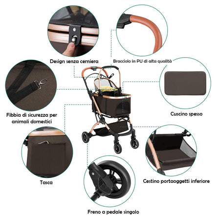 Passeggino Carrozzina 2in1 per Cani Gatti Trasportino Removibile Pieghevole 50kg