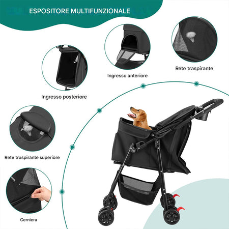 Passeggino Pieghevole per Cani e Gatti Taglia Media-Grande fino a 30kg Nero