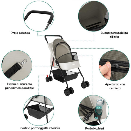 Passeggino Pieghevole per Cani e Gatti con Cappottina Max 15kg Animali Domestici Grigio