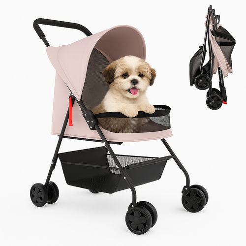 Passeggino Pieghevole per Cani e Gatti con Cappottina Max 15kg Animali Domestici Rosa