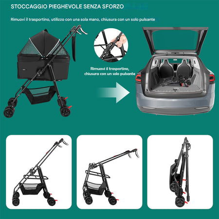 Passeggino per Cani Gatti 2in1 Cestello Rimovibile Pieghevole e Traspirante Nero