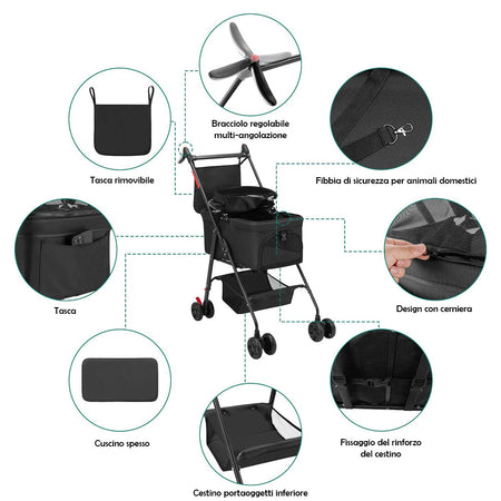 Passeggino per Cani Gatti 2in1 Cestello Rimovibile Pieghevole e Traspirante Nero